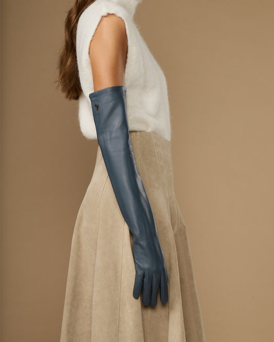 Women's grey lambskin leather gloves with silk lining and touchscreen fingertips