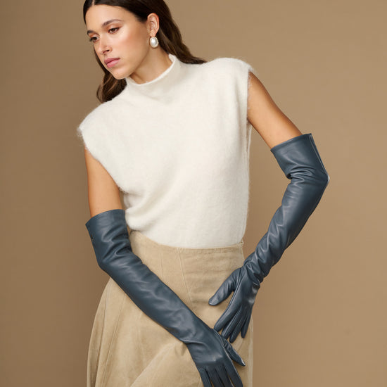 Women's grey lambskin leather gloves with silk lining and touchscreen fingertips, paired