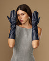Women’s dark blue below-elbow lambskin gloves, smooth leather with stitched finger panel