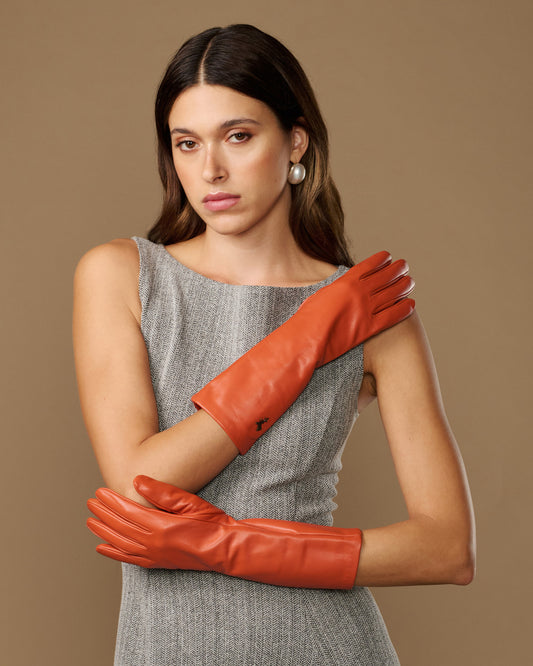 Rosemary Mid-forearm (orange) - Women's lambskin leather gloves with silk lining & touchscreen feature