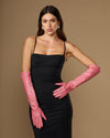 Pink leather elbow gloves with long cuff and neat finger seams