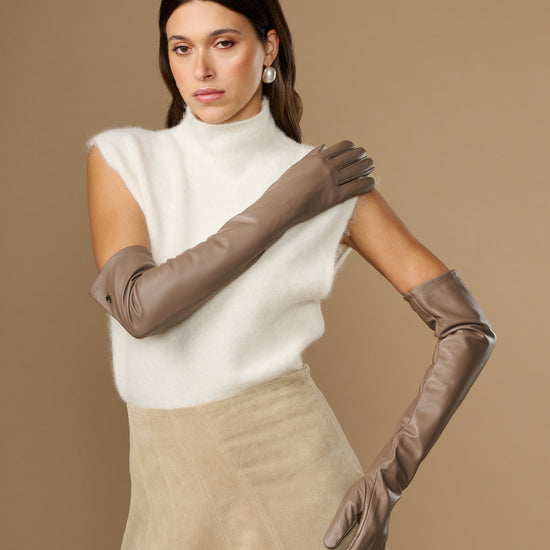 Taupe lambskin leather opera gloves, long cuff, smooth finish on both hands