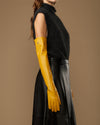 Yellow lambskin leather opera glove, long fitted sleeve style