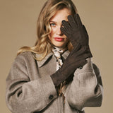 Roxanne (brown) - Women’s patchwork sheepskin gloves with warm sheep fur lining