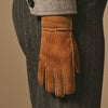 Roxanne (camel) - Women’s patchwork sheepskin gloves with warm sheep fur lining