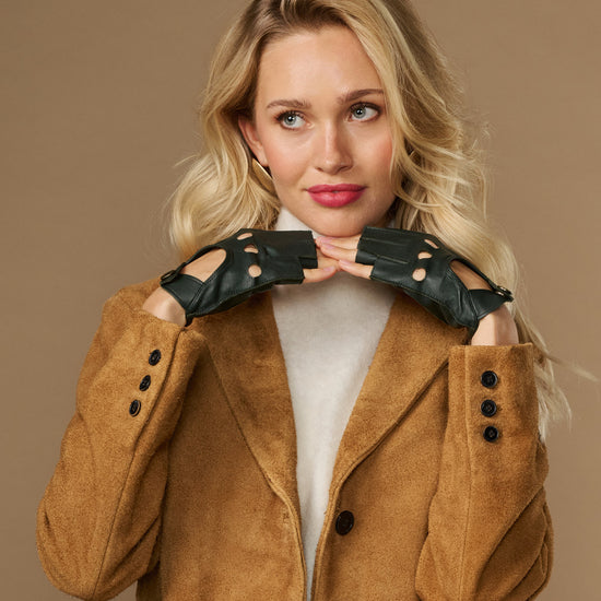 Dark green fingerless lambskin driving gloves with button detailing on cuffs