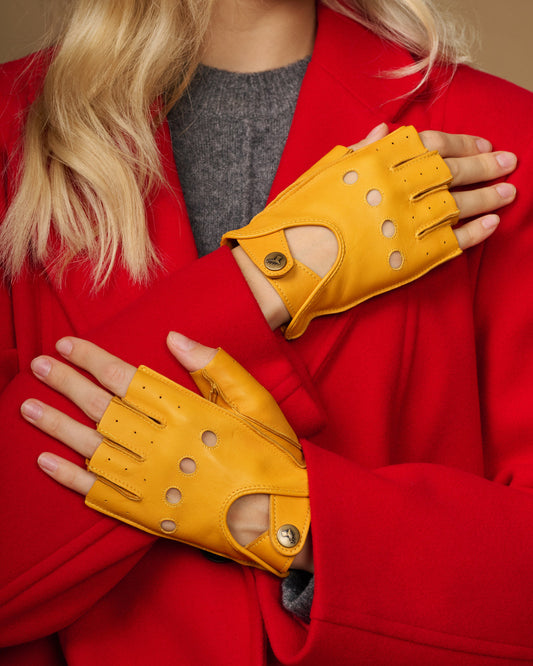 Selena (yellow) - Classic women's fingerless lambskin driving gloves
