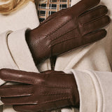 Sienna (brown) – Luxurious American deerskin leather gloves with pure cashmere lining