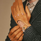 Silvio (cognac) - Exclusive peccary leather men's driving gloves