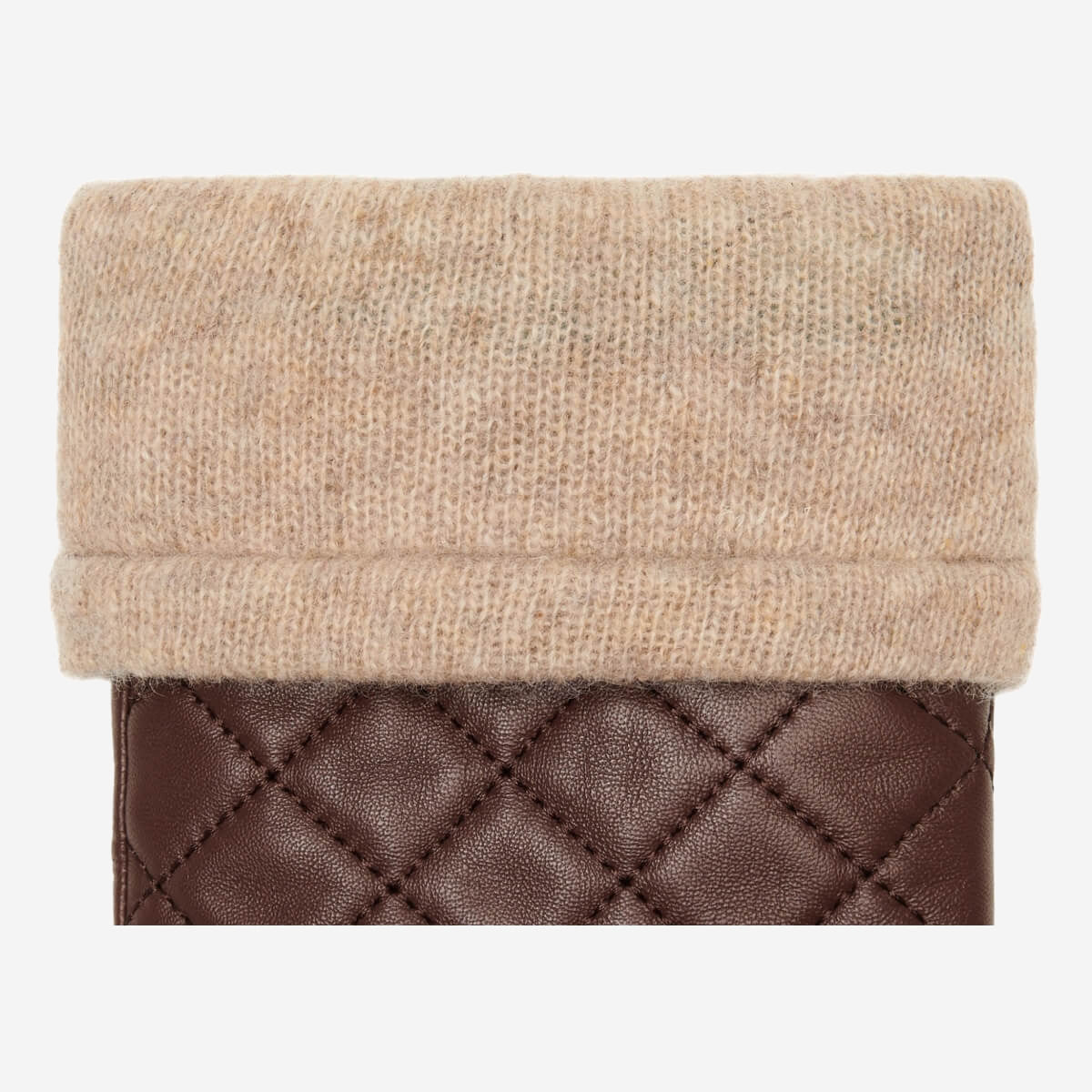 Brown quilted leather glove with soft knit cuff and stitched diamond pattern