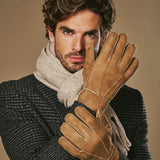Taylor (camel) - Men's patchwork sheepskin gloves with warm sheep fur lining