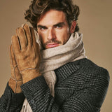 Taylor (camel) - Men's patchwork sheepskin gloves with warm sheep fur lining