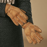 Taylor (camel) - Men's patchwork sheepskin gloves with warm sheep fur lining