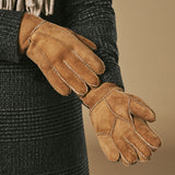 Taylor (camel) - Men's patchwork sheepskin gloves with warm sheep fur lining