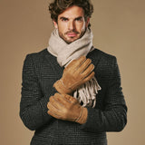 Taylor (camel) - Men's patchwork sheepskin gloves with warm sheep fur lining