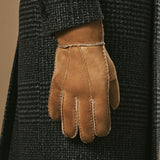 Taylor (camel) - Men's patchwork sheepskin gloves with warm sheep fur lining