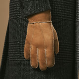 Taylor (camel) - Men's patchwork sheepskin gloves with warm sheep fur lining