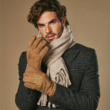Taylor (camel) - Men's patchwork sheepskin gloves with warm sheep fur lining