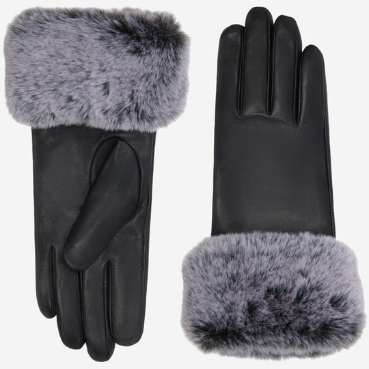Vera (black) – Luxurious leather gloves with faux fur at the wrist and touchscreen feature