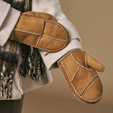 Veronica (camel) - Women’s patchwork sheepskin mittens with warm sheep fur lining
