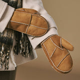 Veronica (camel) - Women’s patchwork sheepskin mittens with warm sheep fur lining