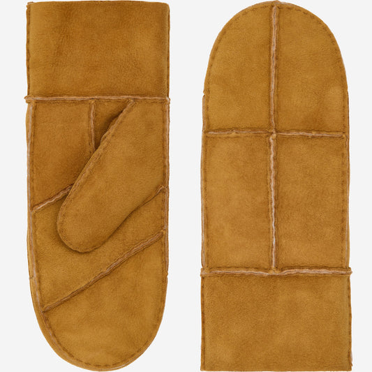 Veronica (camel) - Women’s patchwork sheepskin mittens with warm sheep fur lining