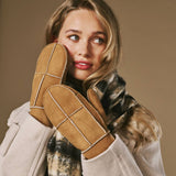Veronica (camel) - Women’s patchwork sheepskin mittens with warm sheep fur lining