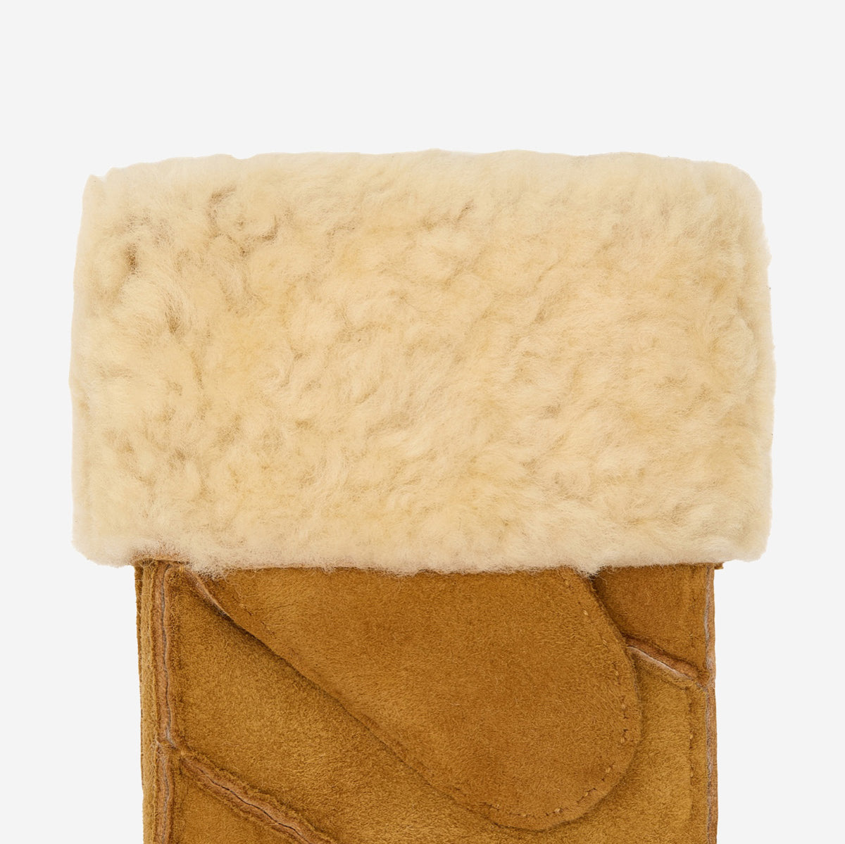 Camel sheepskin mitten cuff with plush sheep-fur lining and stitched patch panels