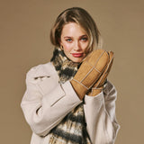 Veronica (camel) - Women’s patchwork sheepskin mittens with warm sheep fur lining