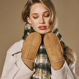 Veronica (camel) - Women’s patchwork sheepskin mittens with warm sheep fur lining