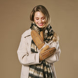 Veronica (camel) - Women’s patchwork sheepskin mittens with warm sheep fur lining