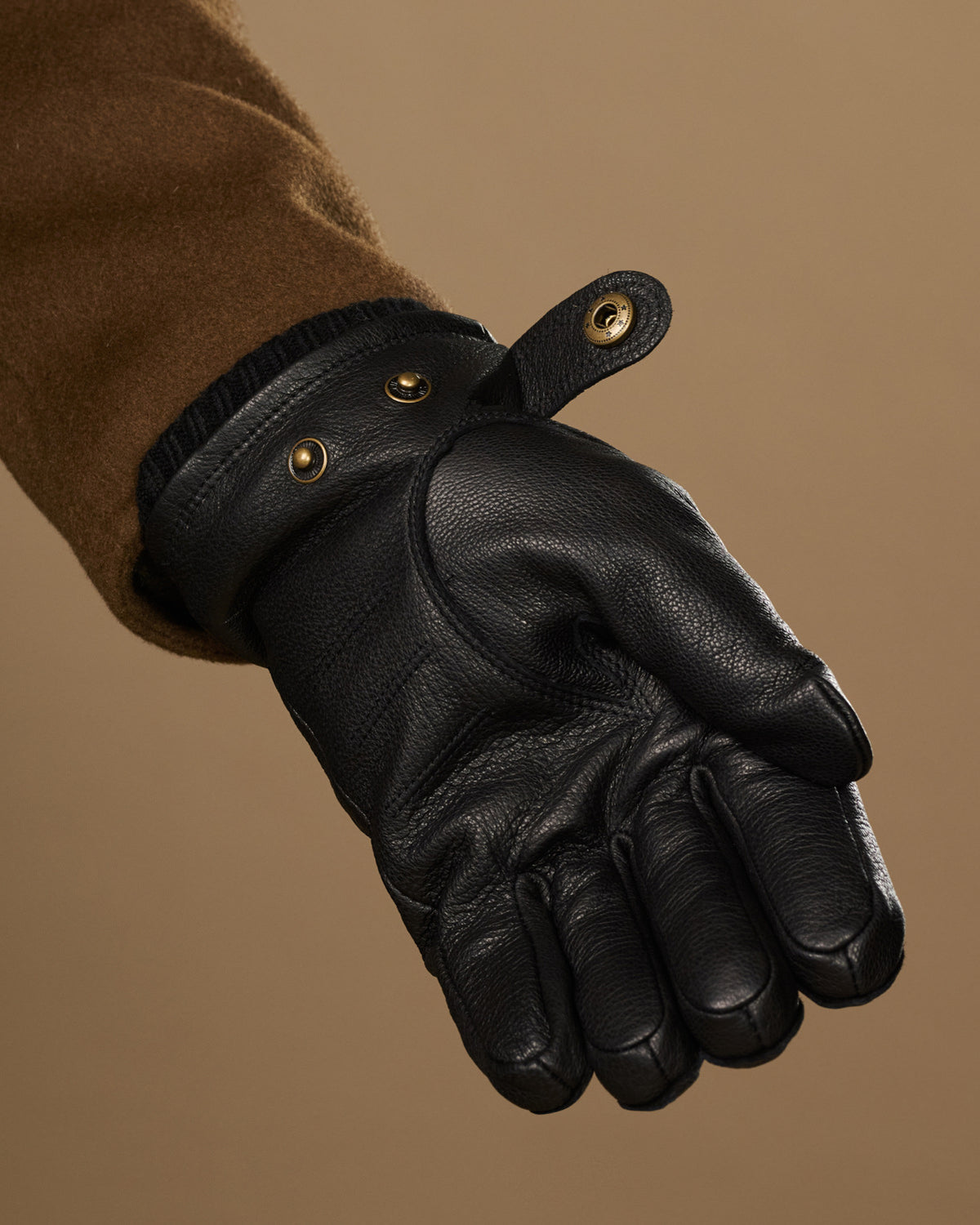 Black goatskin leather glove with ribbed cuff and two press-studs