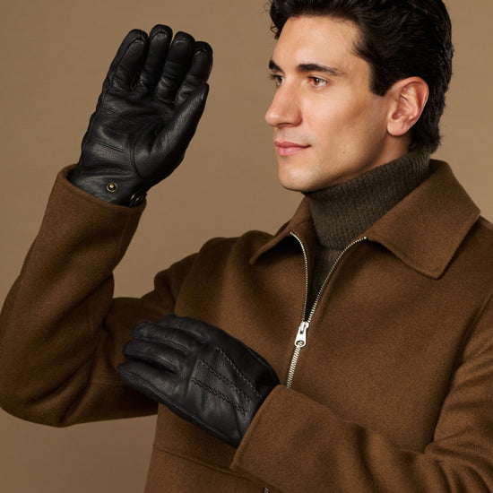 Black goatskin leather gloves with press-stud cuff and warm fleece lining