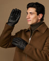 Black goatskin leather gloves with press-stud cuff and warm fleece lining