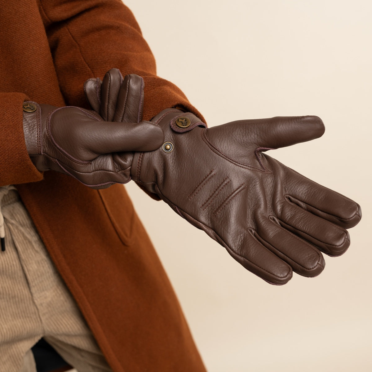 William (brown) - goatskin leather gloves with warm fleece lining and press-stud  - Schwartz & von Halen - US - 9