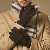 Winston (dark brown) - Men’s nubuck leather gloves with thick primaloft lining and snap button closure