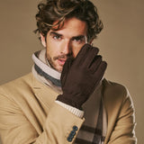 Winston (dark brown) - Men’s nubuck leather gloves with thick primaloft lining and snap button closure