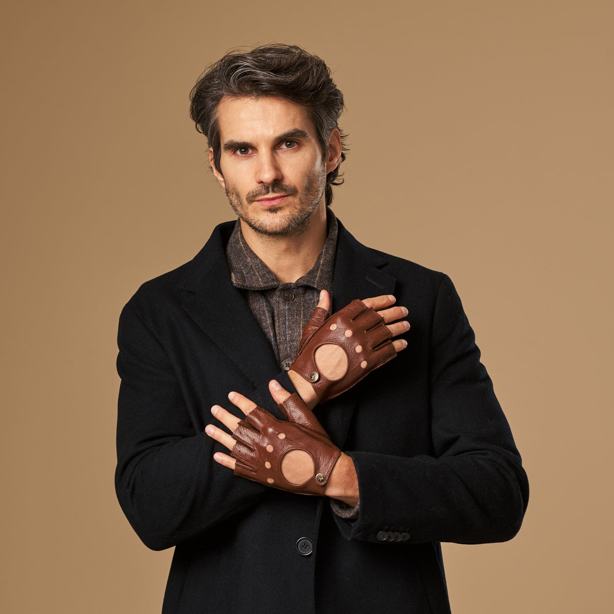 men's Brown fingerless leather driving gloves deerskin XL